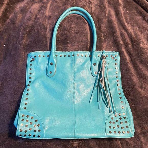 Revolution Turquoise Blue Leather Studded Shoulder Bag Top Handle Purse Tassel - Picture 4 of 13
